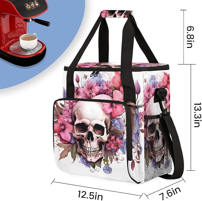 Skull Flower Coffee Maker Carrying Bag Portable Travel Storage Tote Bag Compatible with K-Mini or K-Mini Plus Single Serve Coffee Brewer Carrying Case with Multiple Pockets &amp Shoulder Strap