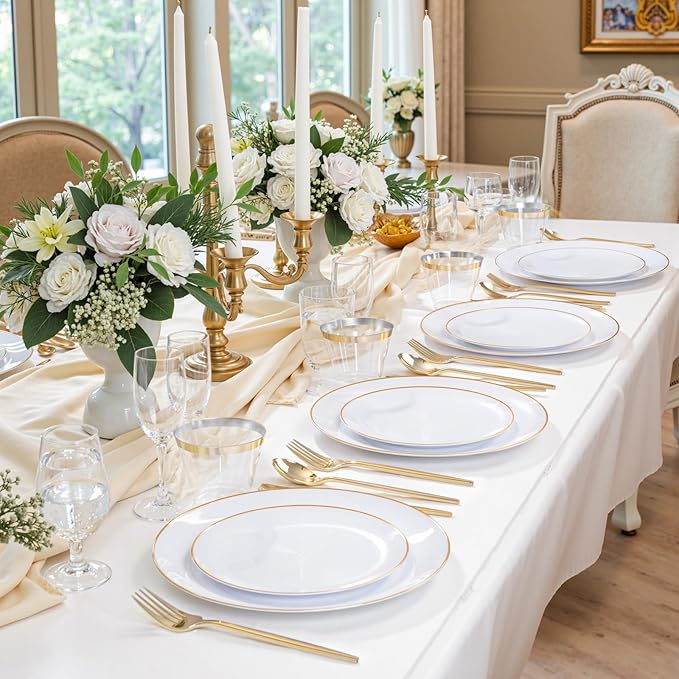 bUCLA 150PCS White and Gold Plastic Plates Disposable - 25 Guests Gold Dinnerware Set - Include 25 Each (Dinner &amp Dessert) Plates 25 Knives 25 Forks 25 Spoons &amp 25 Cups for Party