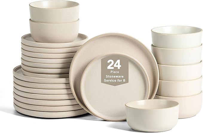 Earth &amp Clay Amber 24-Piece Dinnerware Set Stoneware Dishwasher and Microwave Safe Plates and Bowls Set Dish Set for 8 White Speckled