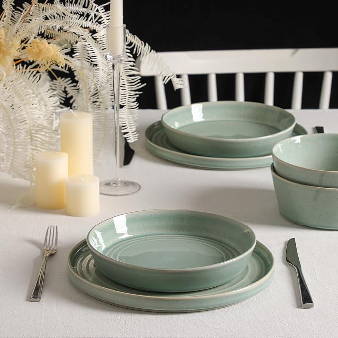 Stone Lain Claire 24-Piece Dinnerware Set Stoneware Plates and Bowls Set Dishwasher and Microwave Safe Dish Set for 8 Green