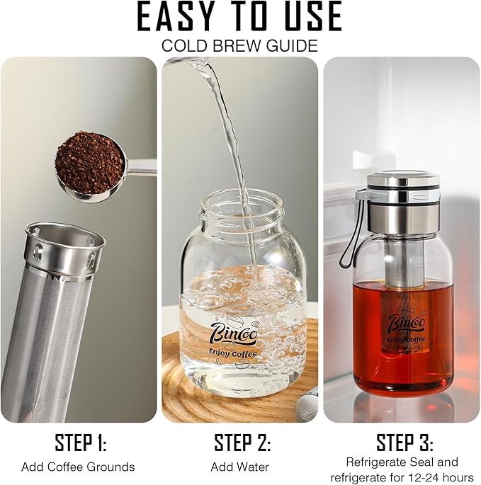 Bincoo Tea Infuser Bottle Glass Cold Brew Coffee Maker with Extended Long Filter – Premium Durable Easy-to-Clean Glass Bottle Stainless Steel Filter for Smooth Coffee &amp Tea (17oz / 500ml)