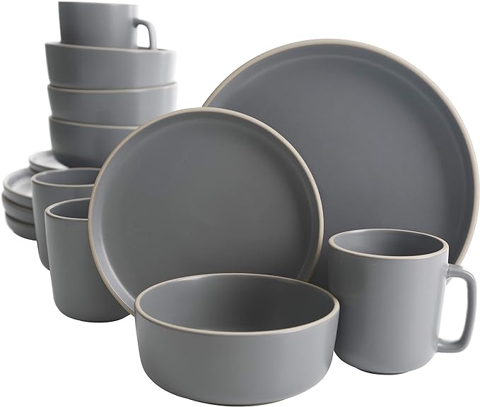 Gibson Home Zuma 16 Piece Round Kitchen Dinnerware Set Dishes Plates Bowls Mugs Service for 4 Matte Stoneware Grey Gray