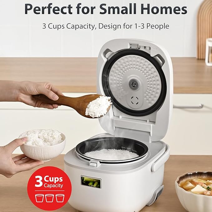 3 Cups Uncooked Small Rice Cooker - Mini Rice Cooker Steamer &amp Warmer with Fuzzy Logic and One-Touch Cooking 24 Hour Delay Timer and Auto Keep Warm Feature White