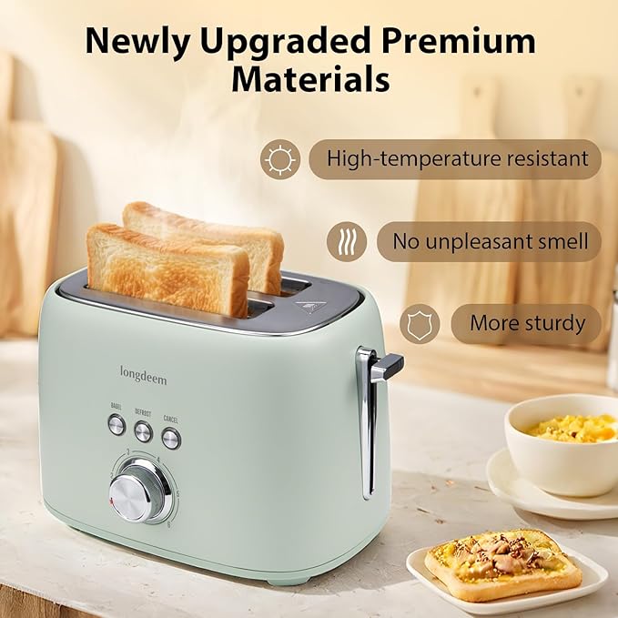 2 Slice Toaster - Stainless Steel 1.5 Extra Wide Slots 6 Browning Settings Bagel/Defrost/Cancel Modes Green
