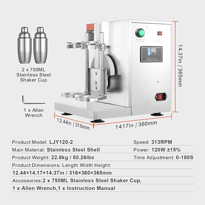 Happybuy 120W Milkshake Maker Machine Double Head Commercial Milk Tea Shaker 0-180s Adjustable Blender with 750ml Stainless Steel Cup for Milk Tea Store
