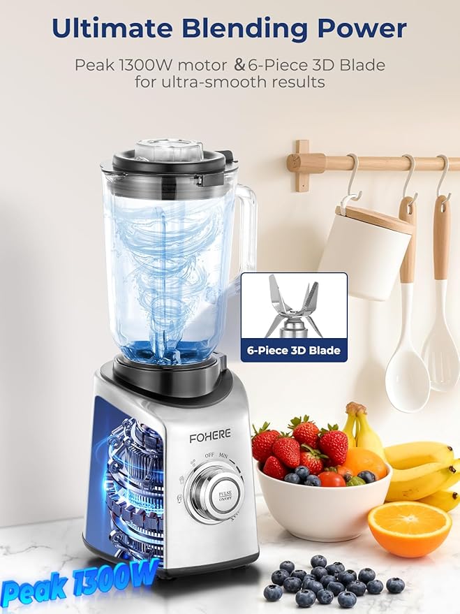 FOHERE Professional Blender Peak 1300W Countertop Blender with 3 Presets＆ 5 Speeds for Smoothies Shakes and Frozen Drinks 50 Oz Glass Jar ＆20 Oz Tritan Jug
