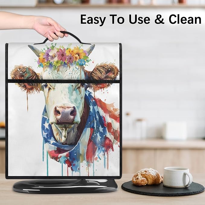 Kitchen Aid Mixer Cover Watercolor Cow American Flag Stand Mixer Cover Compatible with 6-8 Quarts Stand Mixers Dust Covers with Zipper Pocket Foldable Washable Kitchen Aid Organizer Bag