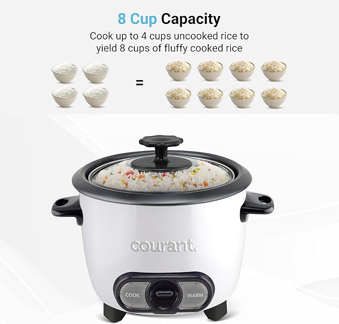 Courant Rice Cooker 8-Cup (Cooked) Removable Non-Stick Bowl One Touch Rice Cooker White