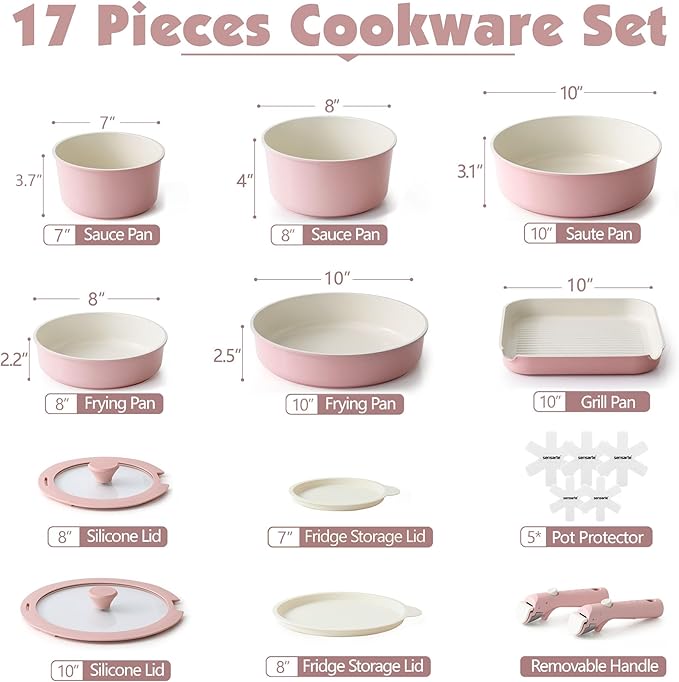 SENSARTE 17 Piece Ceramic Pots and Pans Set Nonstick Detachable Handle Cookware Induction Kitchen Cookware Set with Removable Handle Dishwasher ＆ Oven Safe (Pink)