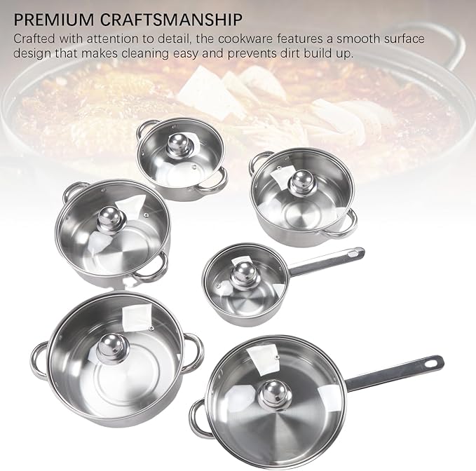 Stainless Steel Pots and Pans Set 6 Pcs Professional Comfort Grip Riveted Handles All Cooktop Even Heating Thickened Easy to Cleans Cookware Set with Lids for Kitchen