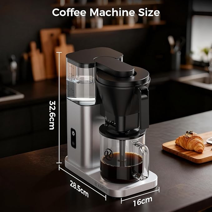 Kismile 8 Cup Drip Coffee Maker Machine Pour Over Coffee Brew with 3s Instant Heat 197-205℉ Removable Water Tank Adjustable Flow Control Deep Cold Brew &amp Keep Warm 40 Min Easy to Clean (silve