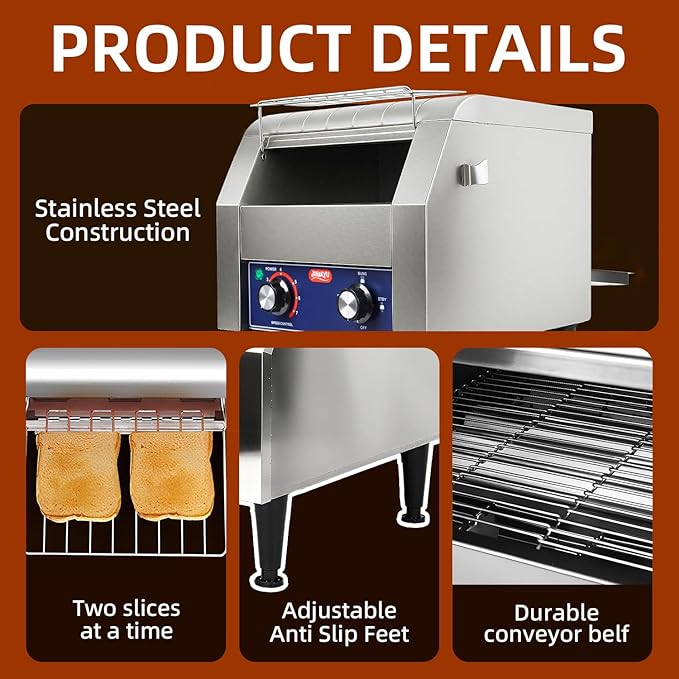 JOHAKYU Commercial Conveyor Toaster - 300 Slices/Hour Heavy Duty Stainless Steel for Buns Bagels Bread Restaurant Use/Includes Cleaning Accessories