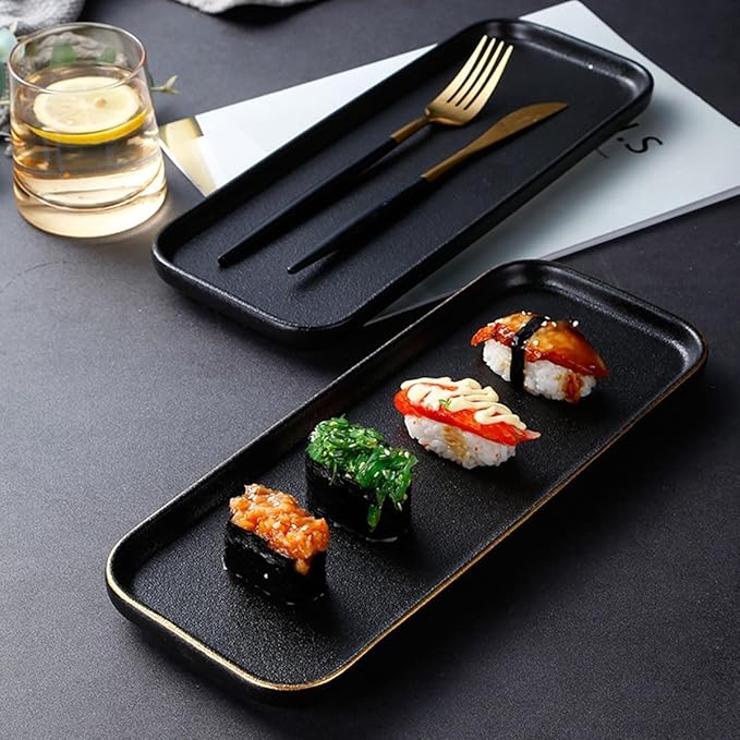 Porcelain Square Dinnerware Set 3 Pcs Fine China Plates With Gold Edge Matte Black Includes Pasta And Seafood Plates Plate Set