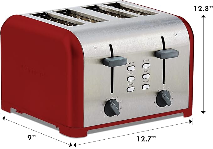 Kenmore Toaster 4 Slice - Extra Wide Slot Countertop Kitchen Appliance Defrost Function Grille-Pain 9 Shade Settings Compact Design Easy Clean Crumb Tray Bread Bagel Stainless Steel &amp Red