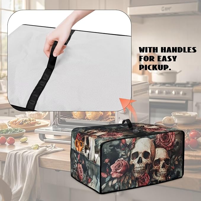 Skull Rose Printed Bread Maker Cover Heavy Duty Toaster Oven Air Fryer Cover for Kitchen Counter Anti Dust Toaster Oven Dust Covers with Accessory Pockets Green