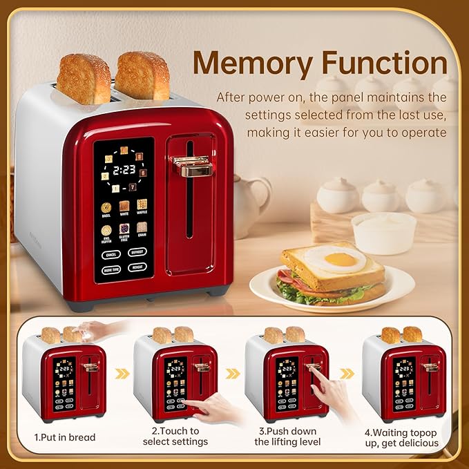 SEEDEEM Toaster 2 Slice Full Touch Control Stainless Toaster LCD Display 50% Faster Heating Speed 6 Bread Type 7 Shade Setting 1.5''Wide Slots Removable Crumb Tray 1350W Dark Cherry