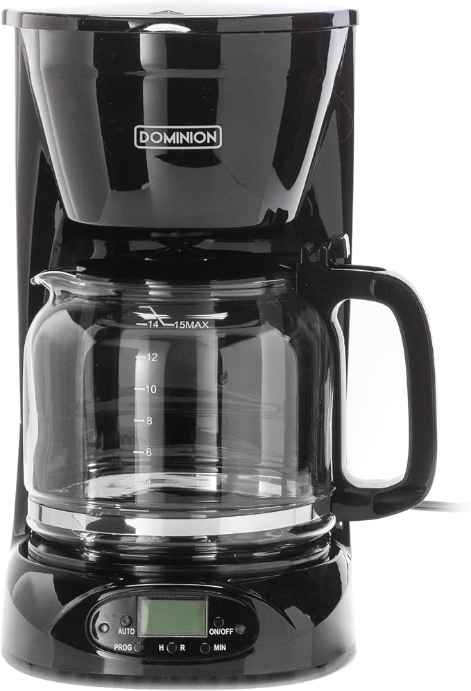 Dominion 15-Cup Deluxe Digital &amp Programmable Drip Coffee Maker Auto Keep Warm Function Anti-Drip System with Permanent Filter and Borosilicate Glass Carafe One-Touch Operation Black