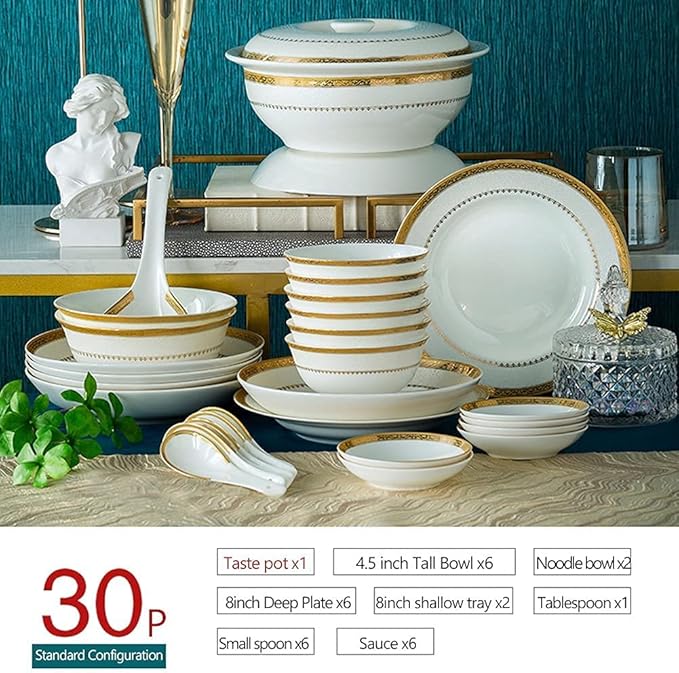 30/56 / 60Pcs Ceramic Dinnerware Set Bone China Dinnerware Dishes Plates Ceramic Combination Dinnerware Set Porcelain Service for 10 Phnom Penh Dinnerware Set (30 Pieces)