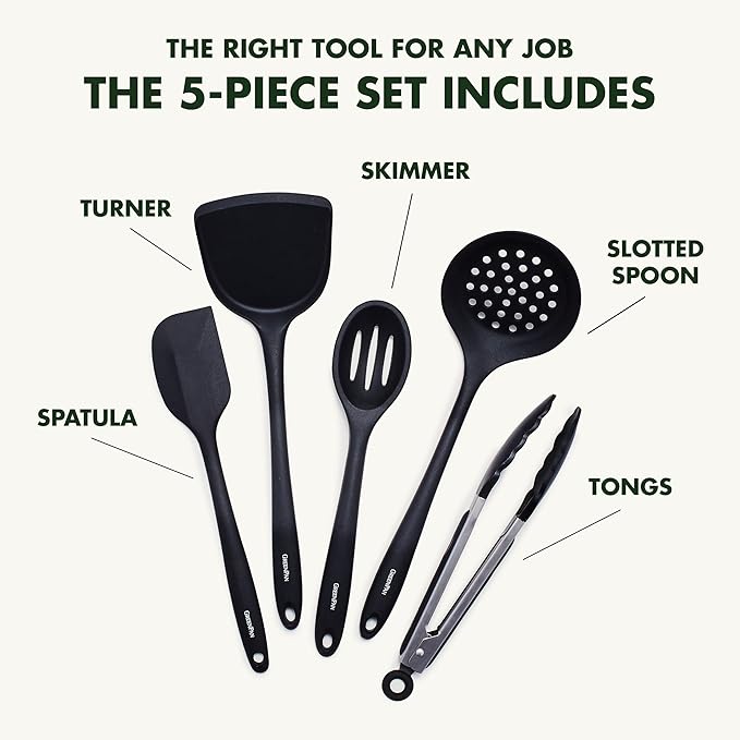 GreenPan Paris Pro Hard Anodized Healthy Ceramic Nonstick 11 Piece Cookware Pots and Pans Set with Stainless Steel Lids PFAS-Free Dishwasher Safe Grey &amp Cooking Tools 5 Piece Utensil Set Blac