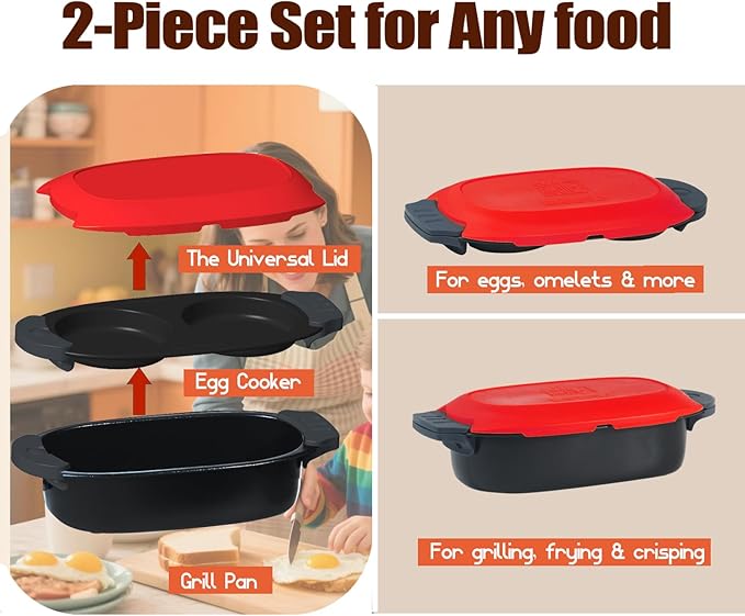 Quick-Heat Microwave Egg Cooker and 33 OZ Microwave Grill Combo | 2-Piece Breakfast Maker Set for Grilling Frying Crisping Meat Bacon Pancakes &amp Veggies | Dishwasher Safe &amp Non-Stick for K