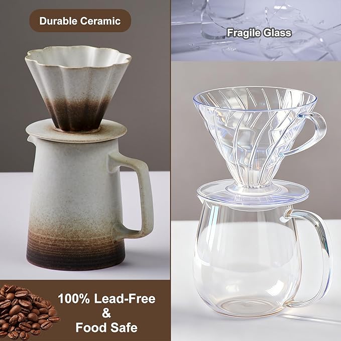Pour Over Coffee Maker Ceramic Coffee Dripper with 40pcs V02 Paper Filter &amp Coaster 18.2oz/540ml Flower Shape Pour Over Coffee Filter set (Brown Gradient Set)