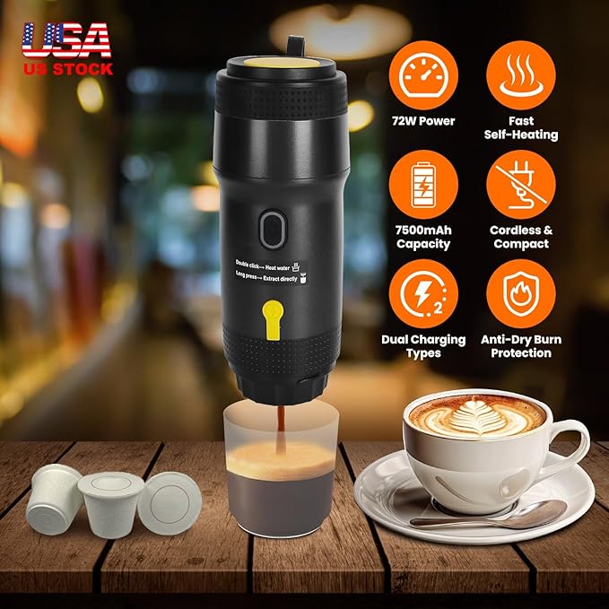 iMounTEK Portable Electric Espresso Machine Cordless Coffee Maker with Self-Heating &amp Anti-Dry Burn Fit for Ground Coffee Espresso Maker for Car Camping RV Travel &amp Home–Black