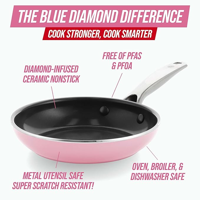 Blue Diamond 12 Nonstick Frying Pan with Lid Diamond Infused PFAS &amp PTFE-Free Ceramic Skillet Dishwasher &amp Oven Safe Stay Cool Handle Durable Non Toxic Metal Utensil Safe Glass Lid Pink