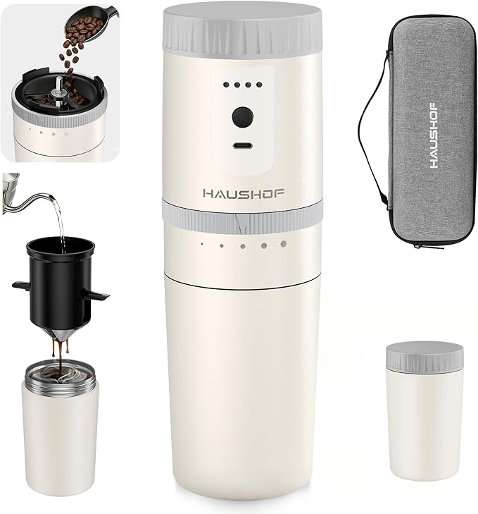 HAUSHOF Portable Coffee Maker Camping Coffee Makers Travel Mini Coffee Maker Portable Travel Coffee Maker with Grinder Personal Cordless Travel Coffee Maker for Car Camping and Home