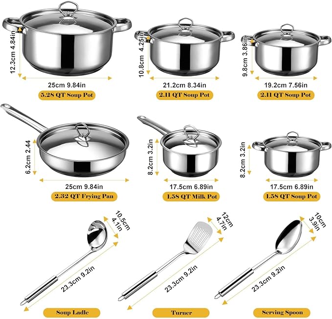 Stainless Steel Cookware Set - 15 Piece Stainless Steel Pots and Pans Set Includes 6 Pots and Pans 6 Lids and 3 Utensils Fixed Handles Induction Safe and Dishwasher Safe