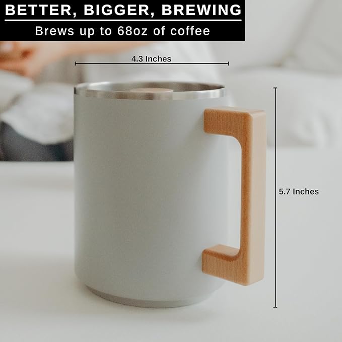 HASTINGS Pour Over Coffee Dripper - Stainless Steel Pour Over Coffee Filter Metal Paperless Reusable Double Mesh Cone Filter with Wood Handle - Coffee Maker for Single Cup Brew up to 68 OZ (Grey)