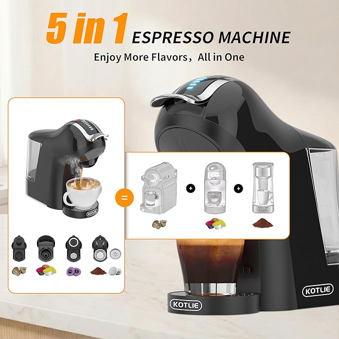KOTLIE EM-308B Espresso Machine Single Serve Coffee Maker Compatible with Multiple Capsule Types Ground Coffee and ESE Pods 3 Temperatures 7 Water Volume Levels 34 Oz (Black)