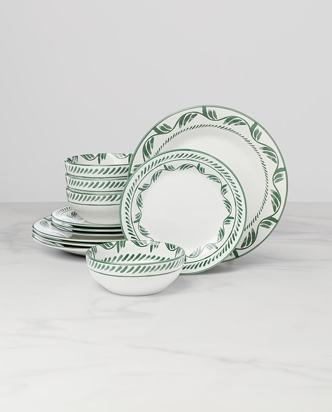 Oneida Dinnerware Set Solear Green 12-Piece Set Service For 4 Stoneware Material Dishwasher Safe &amp Microwave Safe Home Kitchen And Dining Dinner Plates And Bowls Sets (Green 12 Pieces)
