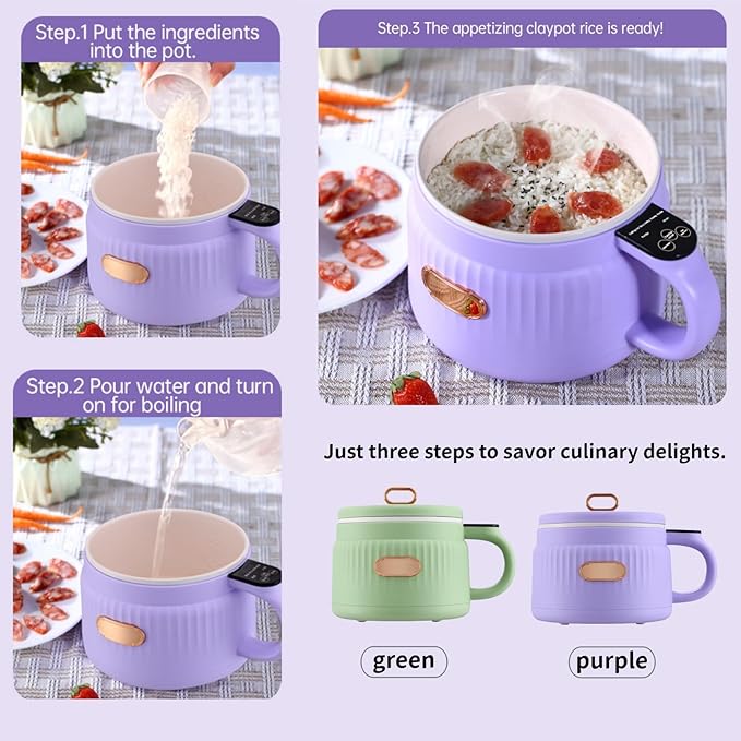 Mini Rice Cooker 1.6L Small Non-Stick Electric Pot for Rice Soup &amp Steaming with 12-Hour Keep Warm Ideal for 1-3 People (purple)
