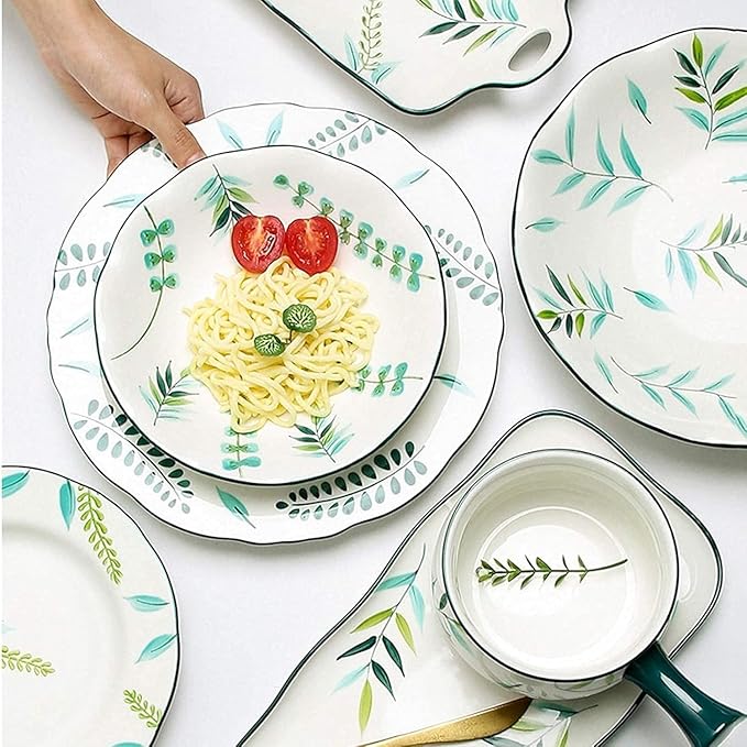Dinnerware Set Plates and Bowls Sets 14 Piece Hand-Painted Plants Dinnerware Sets Elegant Couple Ceramic Plates Set And Dishes Set