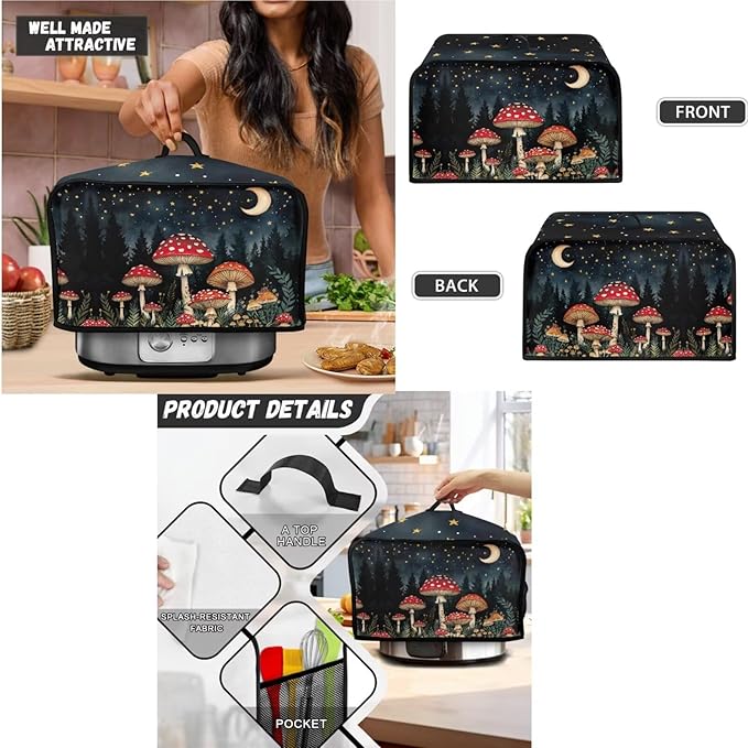 Mushrooms Moon 4 Slice Toaster Cover Small Appliance 3-Pcs SetBread Toaster Blender and Slow Cooker Cover Dust and Fingerprint Protection Machine Washable Kitchen Decor (Black)
