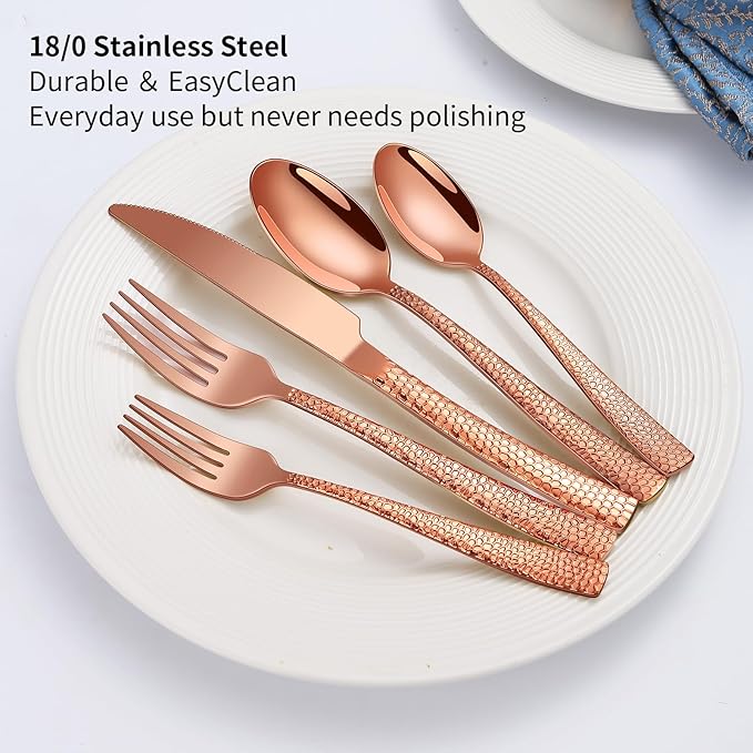 40-Piece Silverware Set Rose Gold Hammered Stainless Steel Flatware Sets for 8 Food-Grade Tableware Set Including Fork Knife Spoon Set Home Kitchen Cutlery Sets Dishwasher Safe