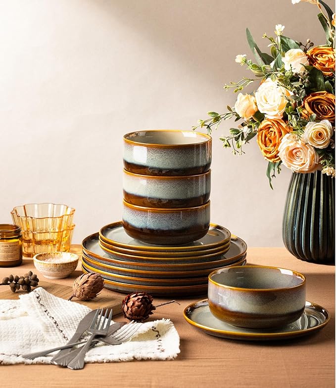 TheTerra Ceramic Dinnerware Sets for 4 12 Pieces Handmade Reactive Glaze Plates and Bowls Set Scratch Resistant Dish Set Oven &amp Microwave &amp Dishwasher Safe Dusk Blue