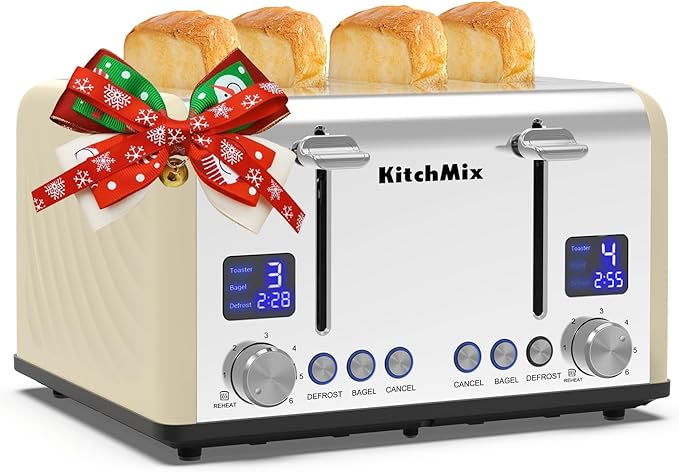 Toaster 4 Slice KitchMix Bagel Stainless Toaster with LCD Timer Extra Wide Slots Dual Screen Removal Crumb Tray (Cream)
