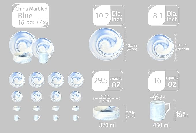 Fine China Artisan Marbled 16pc Dinner Set Blue