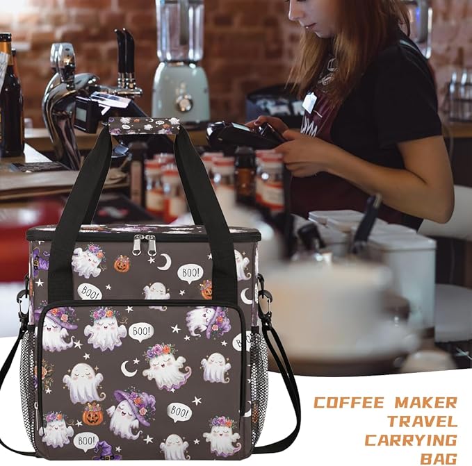 Halloween Flower White Ghost Coffee Maker Carring Bag Travel Carrying Storage Tote Bag Compatible with Keurig K-Mini or K-Mini Plus Portable Single Serve Coffee Brewer Case with Pockets