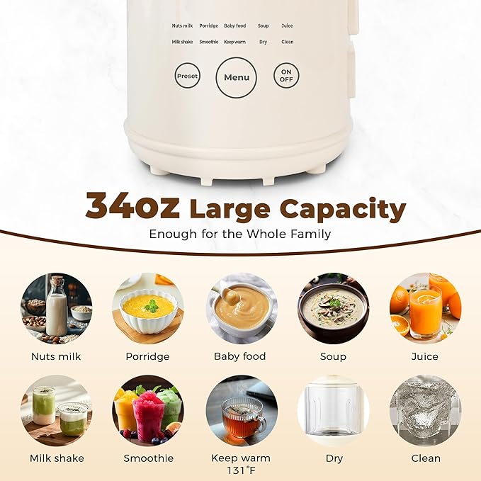 SUSTEAS 10 in 1 Nut Milk Maker Machine 34oz Soy Milk Maker for Almond/Oat/Soy Milk Juice Milkshake Rice Paste No Filtering Needed Almond Cow Milk Machine Maker with Self Cleaning Beige