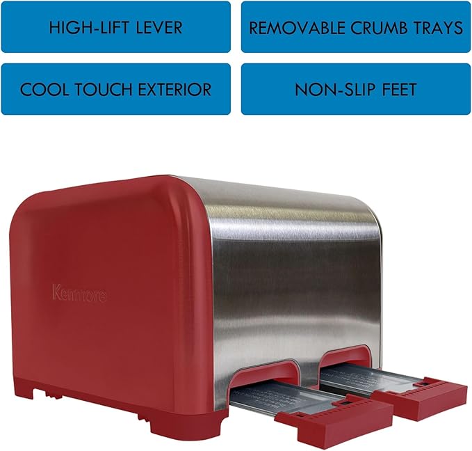 Kenmore toaster 4 slice - extra wide slot countertop kitchen appliance defrost function tostador de pan 9 shade settings compact design easy clean crumb tray bread bagel stainless steel &amp R