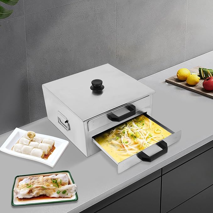 2 Layer Rice Noodle Rolls Machine Top Open Chinese Rice Noodle Roll Food Steamer with Extra Tray Guangdong Changfen Cantonese Cuisine Household Cookware (2 Layer)