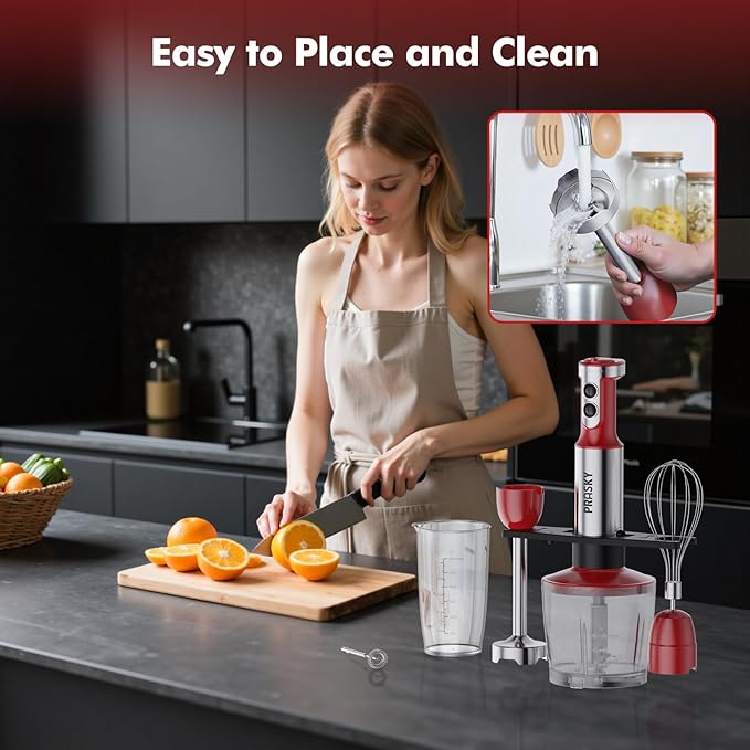 Immersion Blender Handheld Hand Blenders 20 Speed &amp Turbo Mode Hand Held Blender Heaviest Duty Copper Motor Stainless Steel Blades Milk Frother Wand Whisk 600ml Beaker 500ml Chopper (Red)