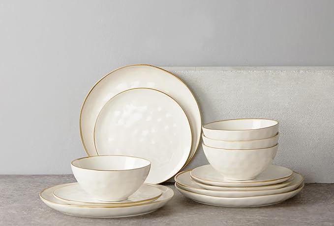 Famiware Ocean Round Plates and Bowls Sets for Kitchen 16-Piece Dinnerware Sets for 4 Microwave and Dishwasher Safe Vanilla White