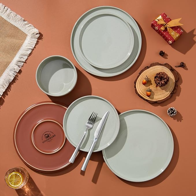 LIANYU 12 Piece Dinnerware Sets for 4 Modern Style Stoneware Dinnerware Set Scratch Resistant Dishwasher Safe Bowl and Plate Sets Ceramic Dish Dinner Set Laurel Green