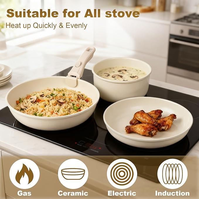6-Piece Ceramic Cookware Set - Dishwasher Safe Nonstick Pots and Pans Set with 2 Lids and Detachable Handle Including 9inch Frying Pan 11inch Frying Pan 7inch Soup Pot All Stove Compatible