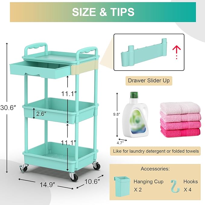 Goovilla 3 Tier Rolling Utility Cart Organizer with Removable Drawer Stable and Sturdy Blue Rolling Storage Carts with 2 Lockable Wheels for Bathroom Kitchen Snack Craft Makeup Baby Essentials