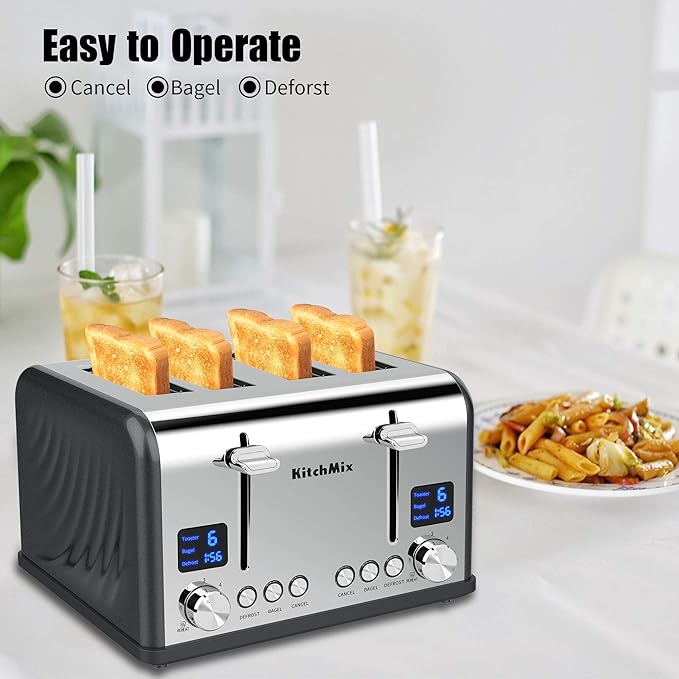 Toaster 4 Slice Bagel Stainless Toaster with LCD Timer Extra Wide Slots Dual Screen Removal Crumb Tray (Gray)