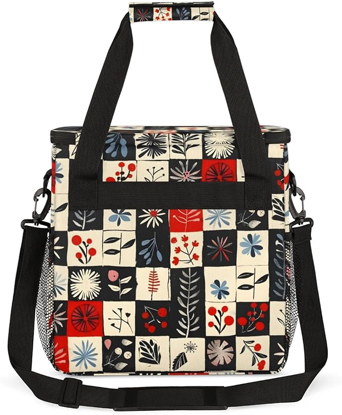 Flowers Leaves Plaids Coffee Maker Travel Bag for Keurig K-Mini/K-Mini Plus Insulated Waterproof Tote with Pockets for K-Cup Portable Single-Serve Brewer Case
